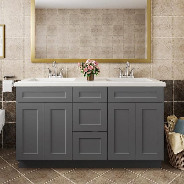 60 in. W x 21 in. D x 34.5 in. H in Shaker Grey Plywood Ready to Assemble Floor Vanity Sink Base Kitchen Cabinet
