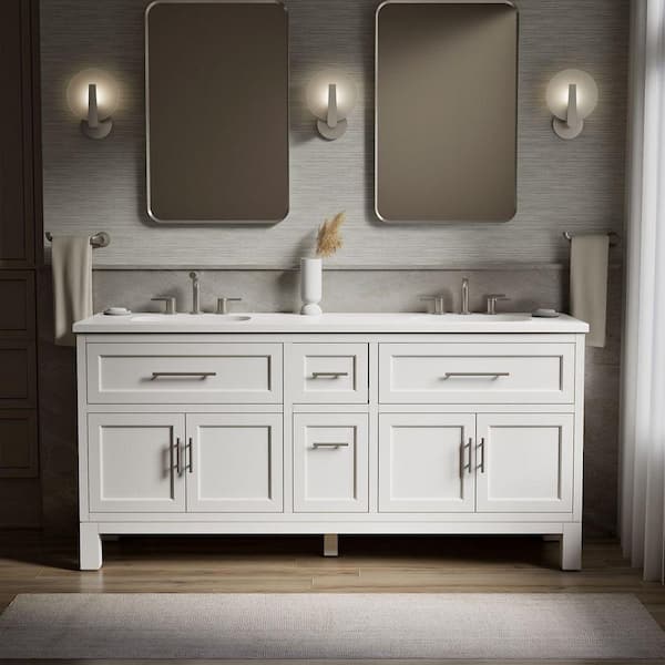 Quo 73in. Double Sink Freestanding White Bath Vanity with White Quartz Top Assembled