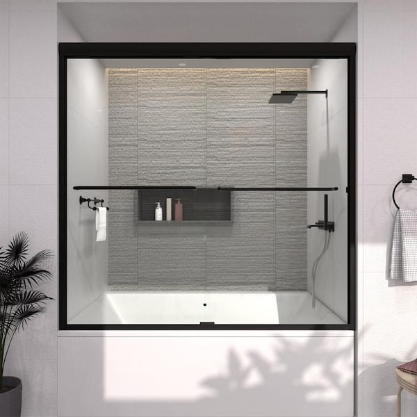 60 in. W x 56 in. H Sliding Semi Frameless Tub Door in Matte Black Finish with Clear Glass
