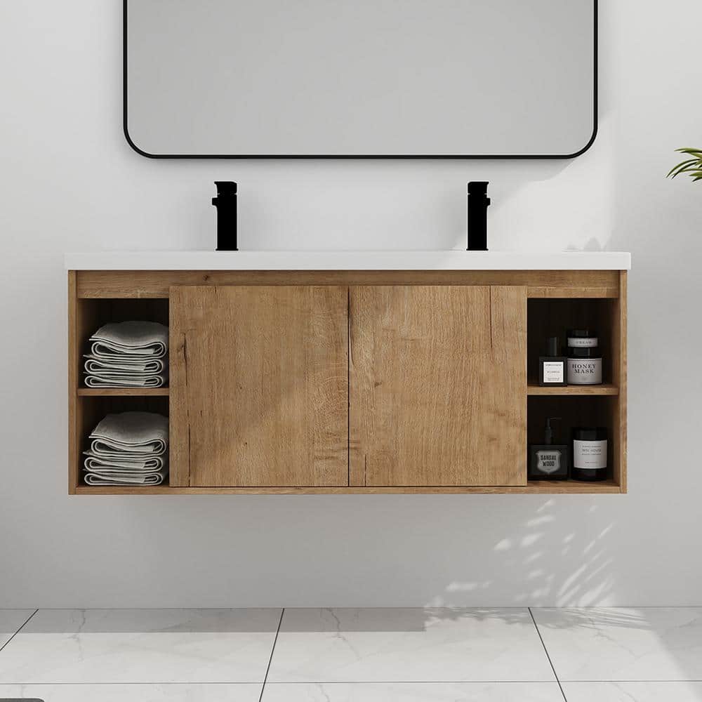 48 in. W x 18.5 in. D x 21 in. H Floating Bath Vanity in Imitative Oak with White Double Resin Sink Top price history on PriceWatchPro