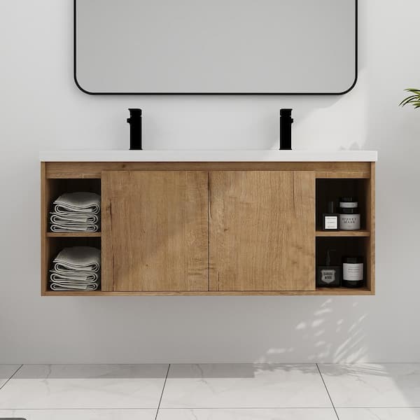 48 in. W x 18.5 in. D x 21 in. H Floating Bath Vanity in Imitative Oak with White Double Resin Sink Top