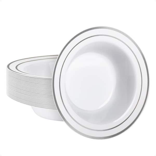 25-Pack 12 fl. oz. Plastic Bowls with Silver Rim, Disposable Soup Bowls for Weddings, Parties, Dinners, Catering