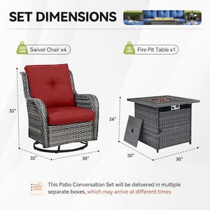 Gray 5-Piece Wicker Outdoor Dining Set with Olefin Red Cushions Fire Pit Sets with Swivel Gliders for Patio