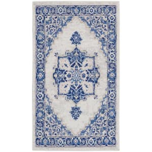 Whimsicle Ivory Blue 3 ft. x 5 ft. Center Medallion Traditional Area Rug