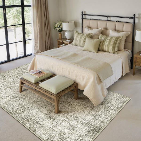 Lambert 9 ft. X 12 ft. Taupe Vintage Washable Medallion Distressed Area Rug