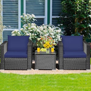 3-Piece Rattan Outdoor Patio Conversation Furniture Set with Navy Cushions