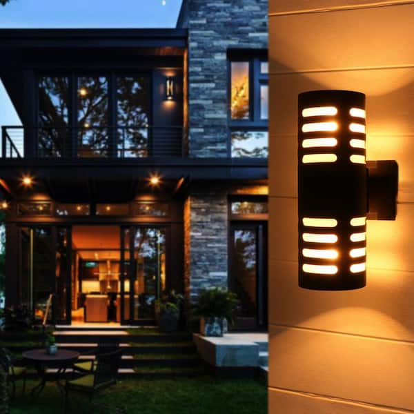 11.75 in. 2-Light Black Die-Cast Aluminum Cylinder Outdoor Wall Sconce