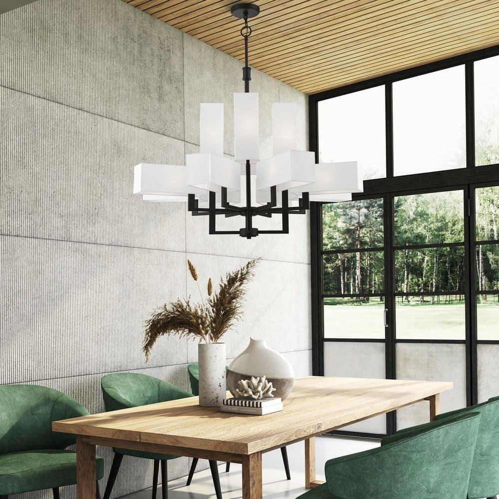 Rubix Black 12-Light Chandelier with Off-White Shades