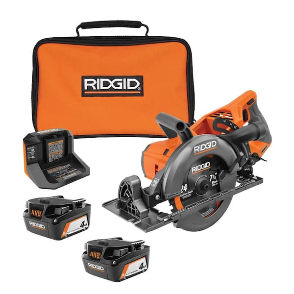RIDGID 18V Brushless Cordless 7-1/4 in. Rear Handle Circular Saw with (2) 4.0 Ah Batteries, Charger, and Bag - 1