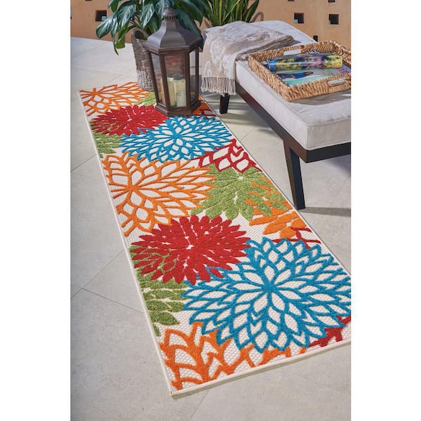 Aloha Green 2 ft. x 8 ft. Kitchen Runner Floral Modern Indoor/Outdoor Patio Area Rug
