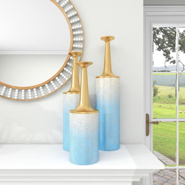 Litton Lane 27 in., 24 in., 20 in. Blue Metal Floral Decorative Vase with Gold Top (Set of 3)