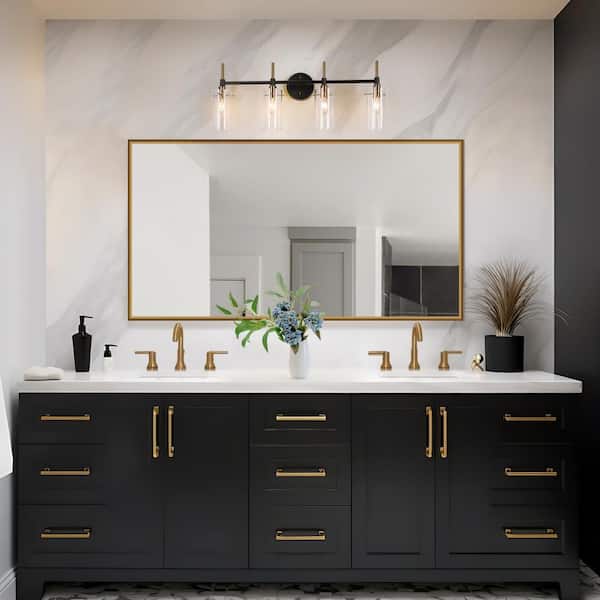 Modern 4-Light Brass Gold Wall Sconce, Black Vanity Light with Cylinder Clear Glass Shades, DIY Bathroom Wall Lights