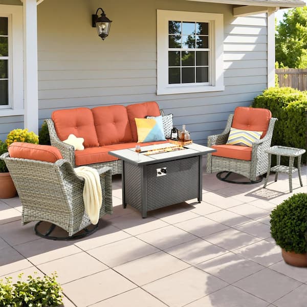 HOOOWOOO Verona 5-Piece Wicker Outdoor Patio Conversation Sofa Seating Furniture Set with a Metal Fire Pit and Red Cushions