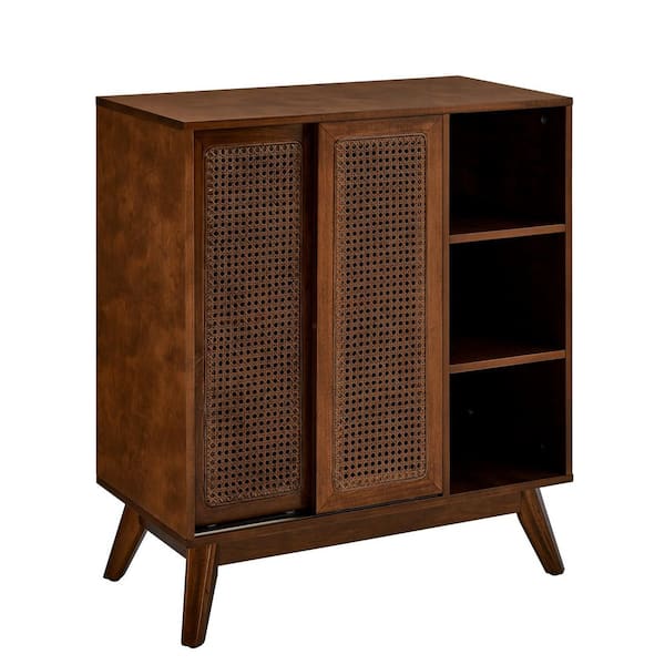 Marlow Mid-Century Modern Dark Walnut 36 in. H Wood Storage Cabinet with Rattan Doors and Adjustable Shelves