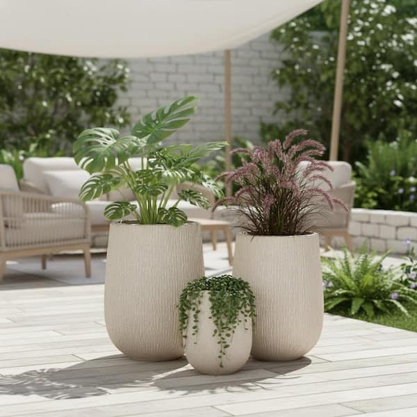 Unbranded 3-Pack Beige Egg MGO Planters, Stone-Look Textured Pots with  Drainage and Rubber Plug for Outdoor HWQ-282