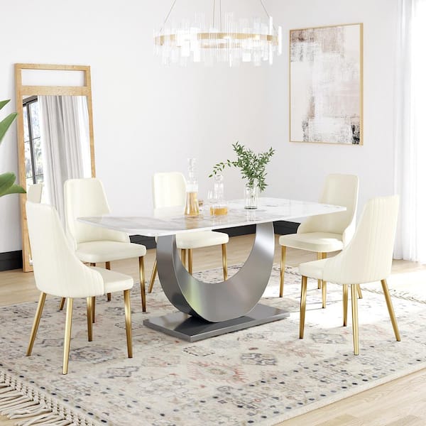 79 in. Pandora Sintered Stone Dining Table with ith Stainless Steel U-Shape Pedestal (Seats 8)