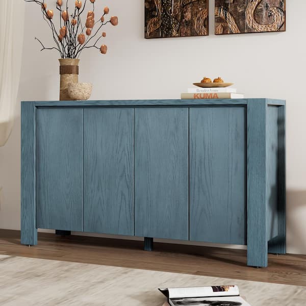 Harper & Bright Designs Navy Oak Veneer and MDF 59 in. Sideboard with Adjustable Shelves, 4-Doors and Rubber Wood Legs