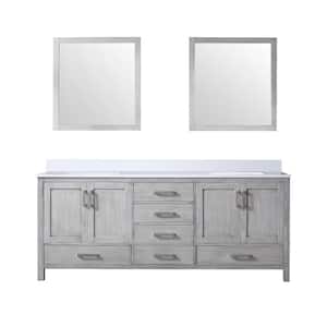 Jacques 80 in. W x 22 in. D Distressed Grey Double Bath Vanity, White Quartz Top, and 30 in. Mirrors