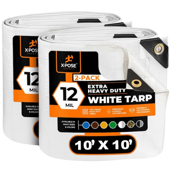 Heavy Duty White Poly Tarp 10 ft. x 10 ft. Multipurpose Protective Cover Durable Extra Thick 12 Mil - 2 Pack