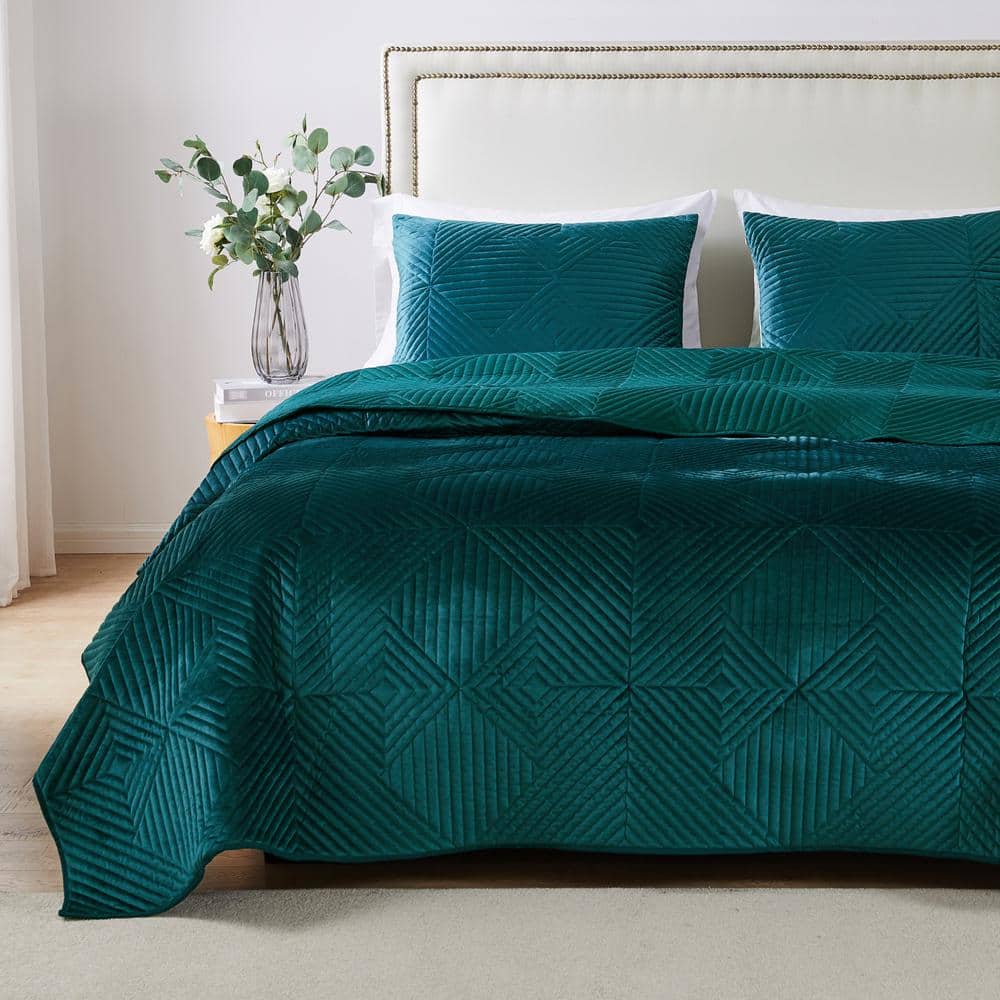 Teal Velvet Reversible King Quilt Set with Shams