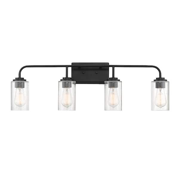 Logan 32 in. 4-Light Matte Black Transitional Wall Sconce with Clear Seedy Glass Shades