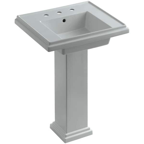 KOHLER Tresham Ceramic Pedestal Combo Bathroom Sink with 8 in. Centers in Ice Grey with Overflow Drain