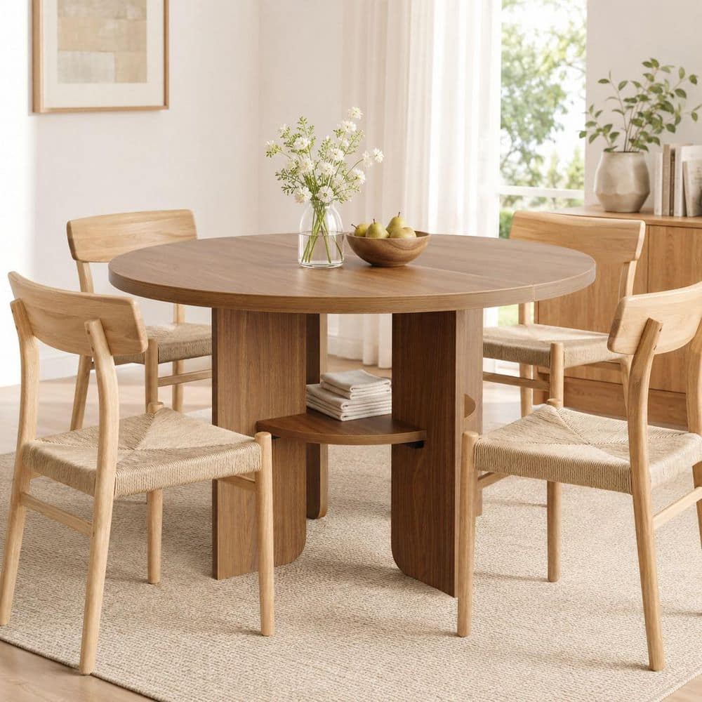 Modern Brown Oak Color Manufactured Wood 47 in. 4-Legs Base Round Dining Table, Seats 4-6