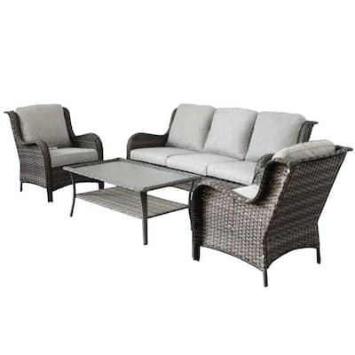 Simpilicty Brown 4-Piece Wicker Outdoor Patio Conversation Sofa Set with Gray Cushions