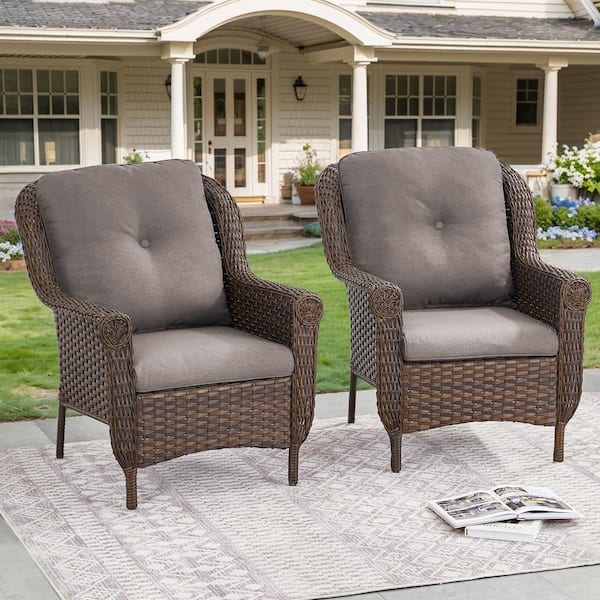 Opohoro Chryswirl Metal and Brown Wicker Outdoor Lounge Chair with Olefin Gray Cushions (2-Pack)