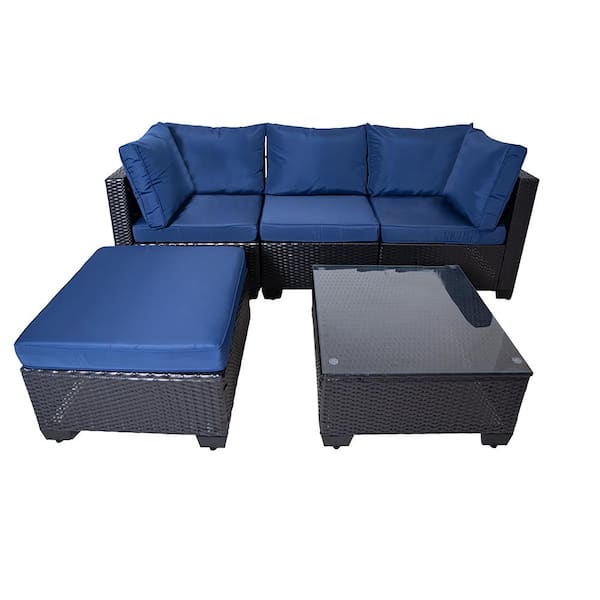Unbranded Modern 5-Pieces Black Wicker Outdoor Sofa Patio Conversation Seating Set with Blue Cushions