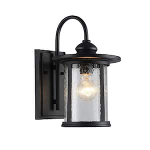 Charlton 1-Light Transitional Textured Black Outdoor Wall Lantern Sconce with Clear Seedy Cylinder Glass Shade