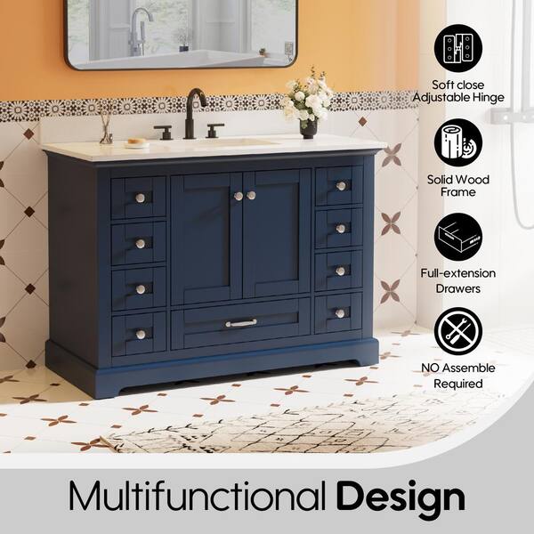 48 in. W x 22 in. D Solid Wood Freestanding Navy Blue Bath Vanity with White Cultured Marble Top and Soft-close Hardware