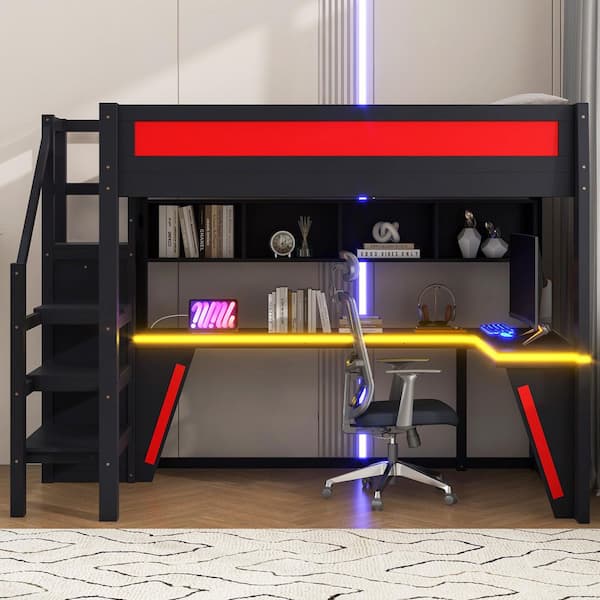 Black Full Wood Loft Bed with Desk and Wardrobe, LED, Built-in USB