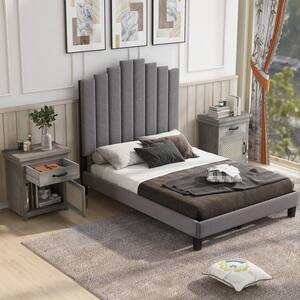 77.1 in. W Gray Full Size Upholstered Platform Bed with Two Rustic Nightstands
