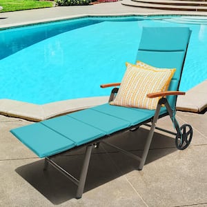 Brown Folding Wicker Outdoor Chaise Lounge Chair with Turquoise Cushions and Wheels