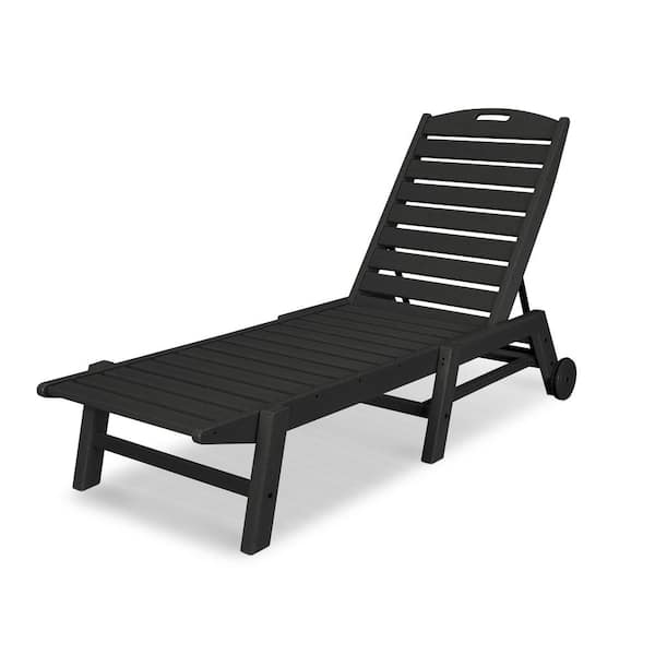 POLYWOOD Nautical Black 1-Piece Plastic Outdoor Chaise with Wheels