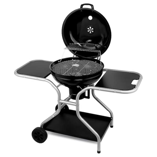 Portable Kettle Charcoal Grill in Black with 2 Side Tables