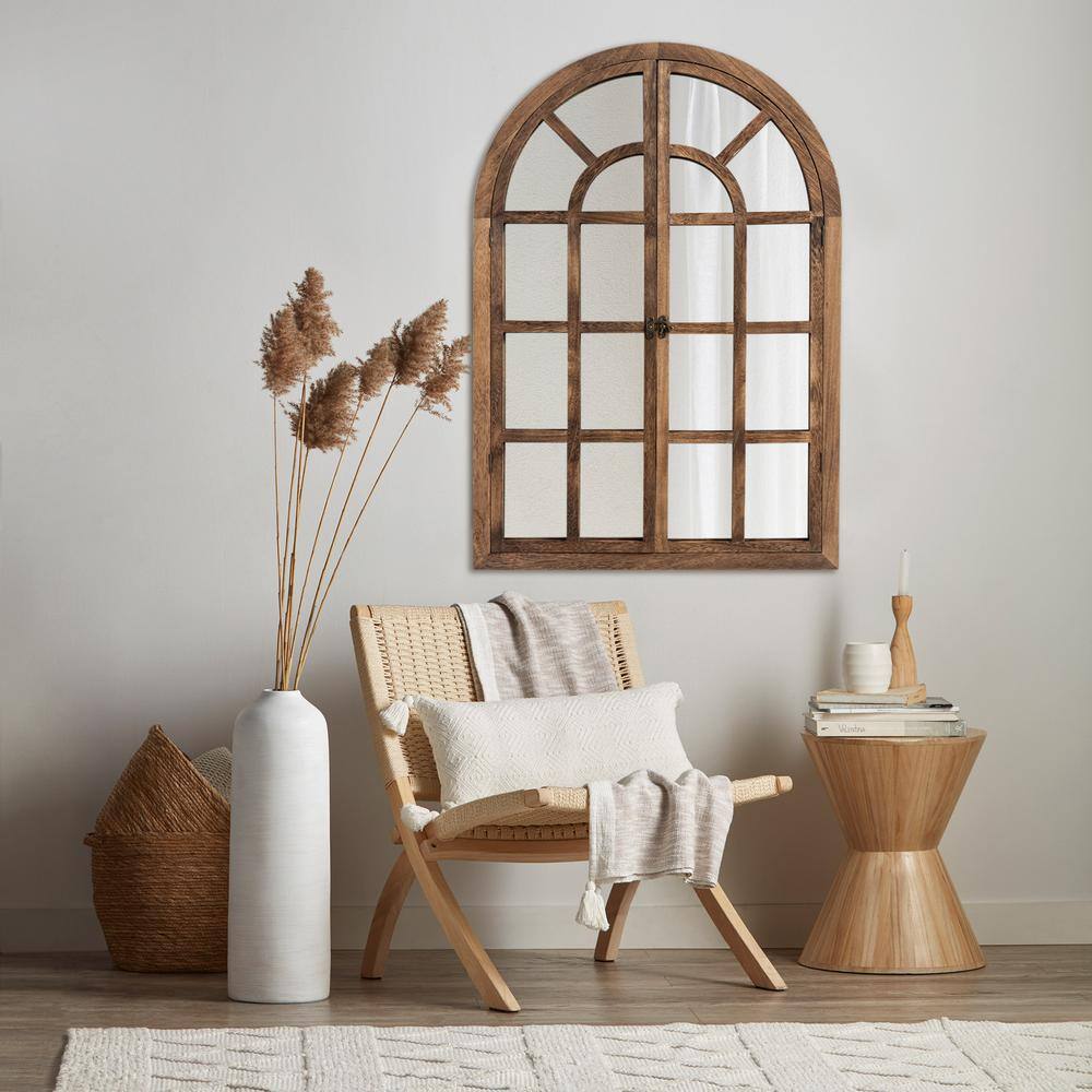 Charcoal Wood Arched Windowpane Decorative Wall Mirror
