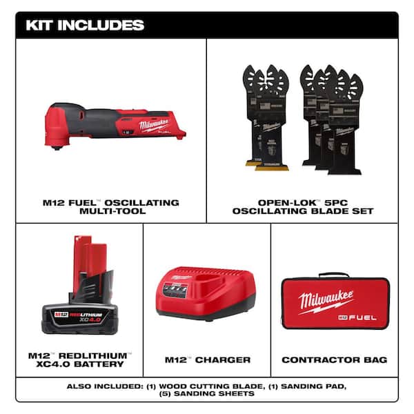 M12 FUEL 12V Lithium-Ion Cordless Oscillating Multi-Tool Kit with 4.0 Ah Battery, Charger, Bag & Blade Set (5-Piece)