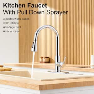 Single Handle Pull Down Sprayer Kitchen Faucet High Arc Stainless Steel Faucet with 3-Function Sprayer in Chrome