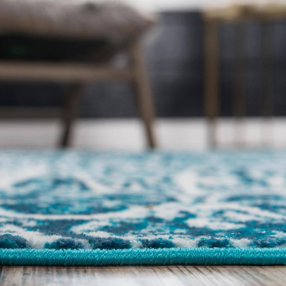 Turquoise and White Synthetic Reversible Runner Rug