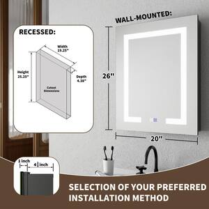 Velux 20 in. W x 26 in. H Rectangular Aluminum Recessed/Surface Mount Right Dimmable Medicine Cabinet with Mirror LED