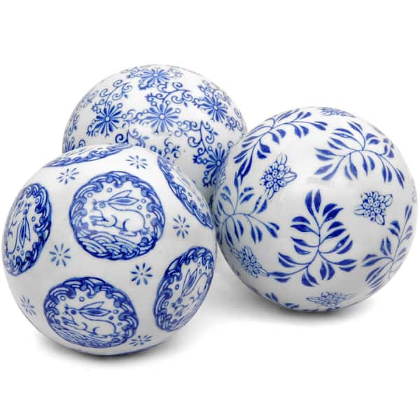 Oriental Furniture 4 in. Blue and White Decorative Porcelain Ball Set