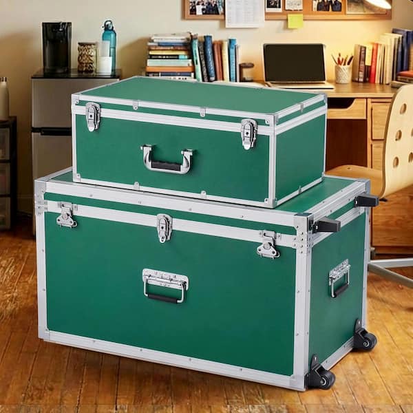 Set of 2 Metal Storage Trunks, Wooden Boxes with 32.13 in. Green Backpack, Padlocks, Casters & Handles, Decorative Chest