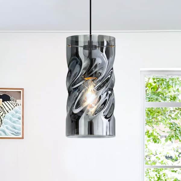 Rayhome 1-Light Modern Glam Cylinder Smoked Grey Pendant Light with Hand-Blown Spiral Hammered Glass for Kitchen Island