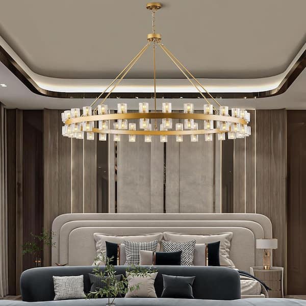 60-Light Gold Round Chandelier with Chain, 60in. Modern K9 Crystal Chandelier for Dining Room, Living Room, Foyer