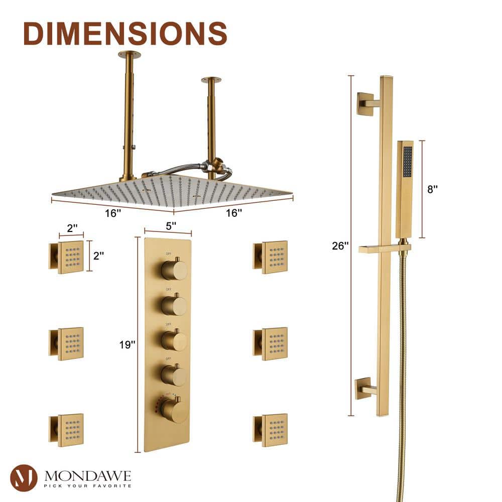Luxurious Brushed Gold Dual Ceiling Mount Shower System