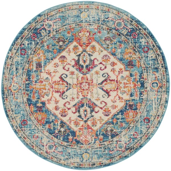 Nourison Passion Ivory/Light Blue 4 ft. x 4 ft. Persian Medallion Transitional Round Area Rug