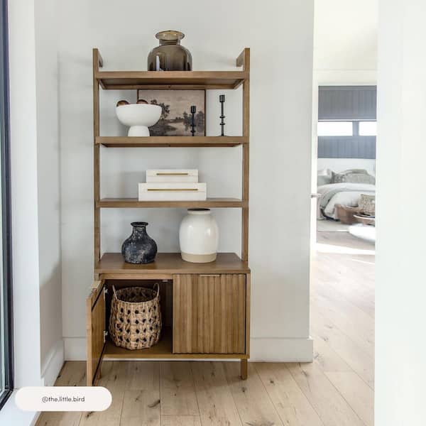 Jasper 72 in. Tall Light Brown Solid Wood 3-Shelf Standard Ladder Bookcase with Fluted Cabinet