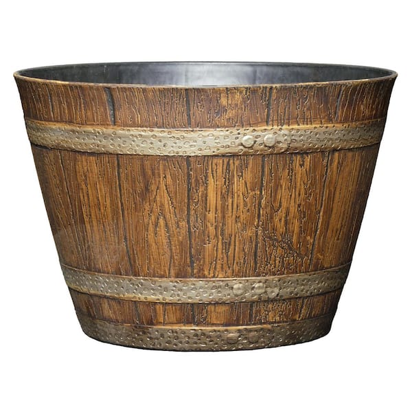 9 in. Dia x 6.25 in. H Oak Brown Plastic 1.25 Gallons Round Whiskey Barrel Planter